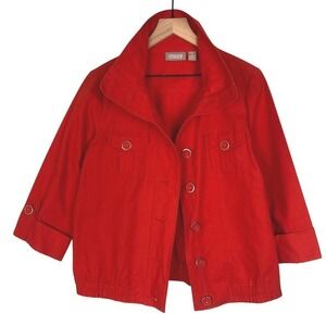 CHICO'S 3/4 Sleeve Button Front Cropped Jacket Women's Sz 0 (Small) Red Cotton